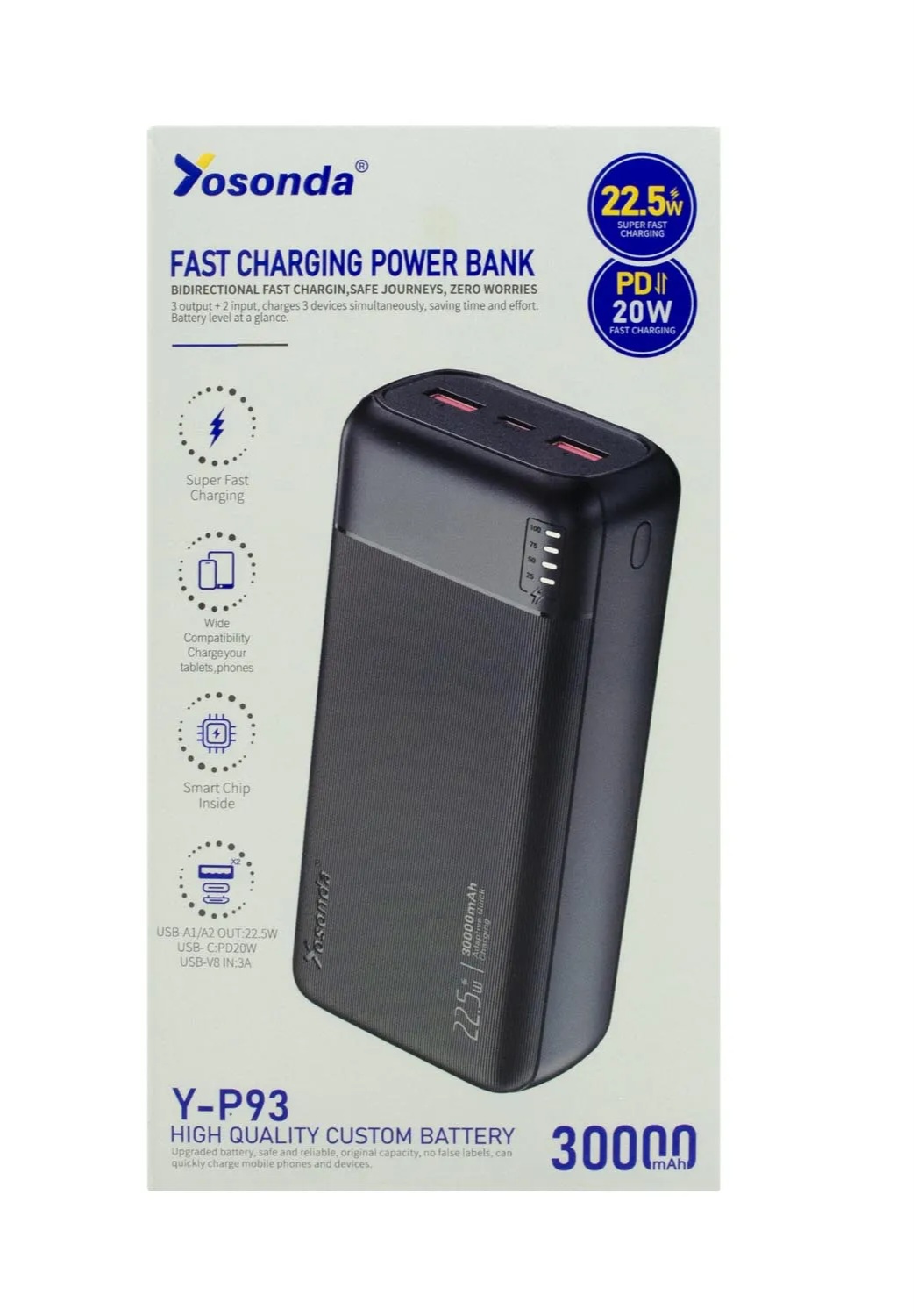 پاوربانک 30 هزار Yosonda مدل Y-P93 22.5W